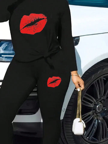 Women's Fall Black Crew Neck Long Sleeve T-Shirt And Pants Casual Suit, Everyday Soft And Comfortable, Fashionable Big Red Lip Print Pattern, Elastic Polyester Blend, Machine Washable