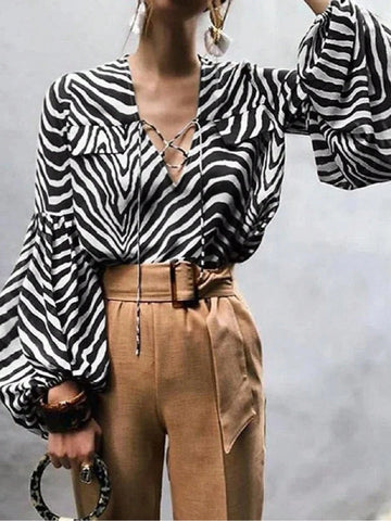 Women's Fall Fashion Zebra Print Lantern Sleeve Shirt