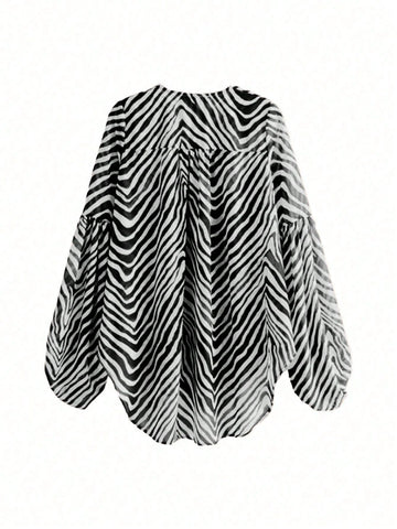 Women's Fall Fashion Zebra Print Lantern Sleeve Shirt