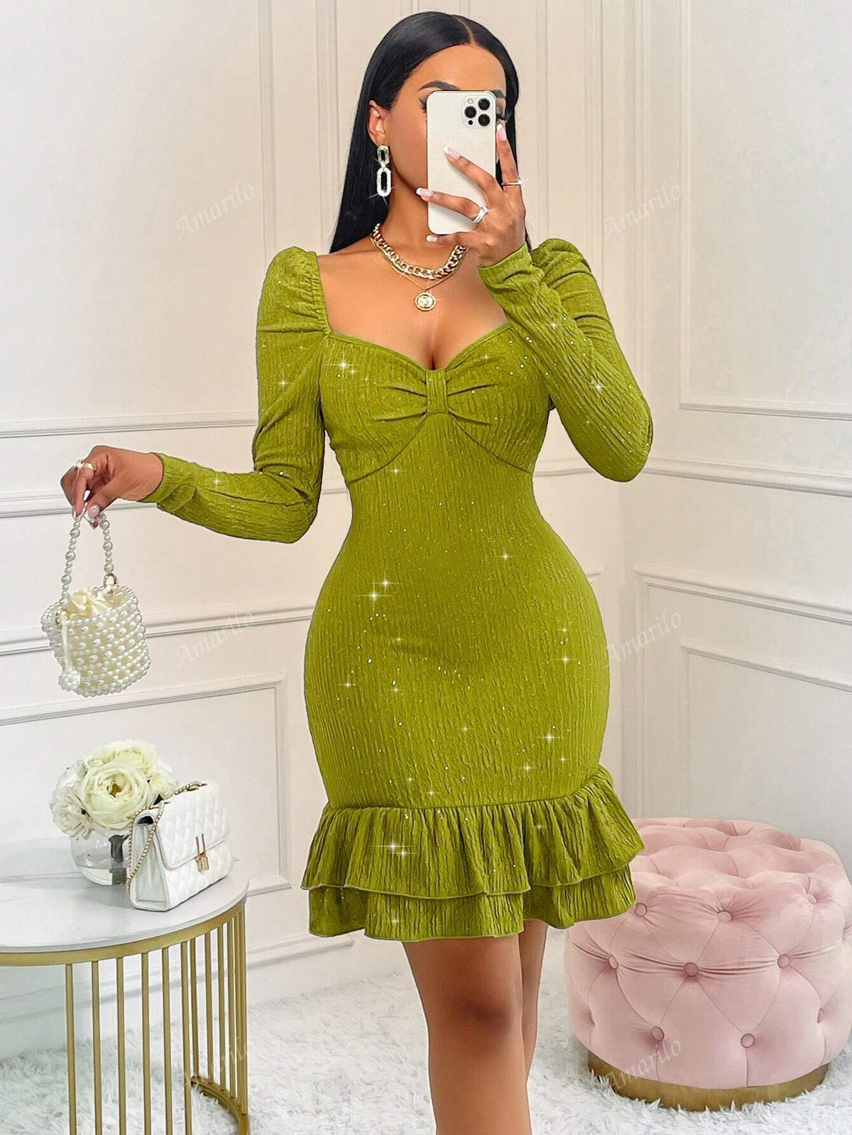 Women's Fall Solid Color Sweetheart Neckline Off-Shoulder Long Slim Bodycon Mini Dress With Twist Knot Detailing And Glitter Details For Party,Dating, Shopping