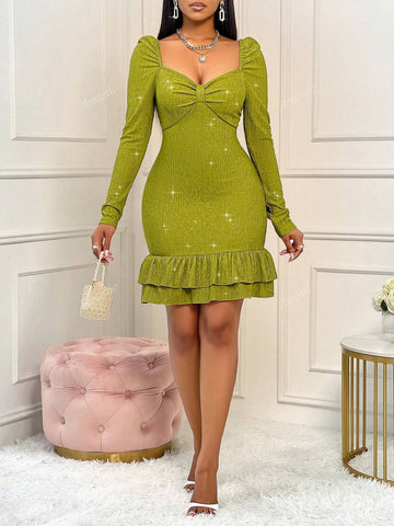 Women's Fall Solid Color Sweetheart Neckline Off-Shoulder Long Slim Bodycon Mini Dress With Twist Knot Detailing And Glitter Details For Party,Dating, Shopping