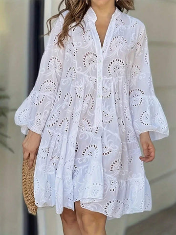 Women's Fashion Casual Hollow-Out Lace Trim Open Front Loose Long Sleeve Dress