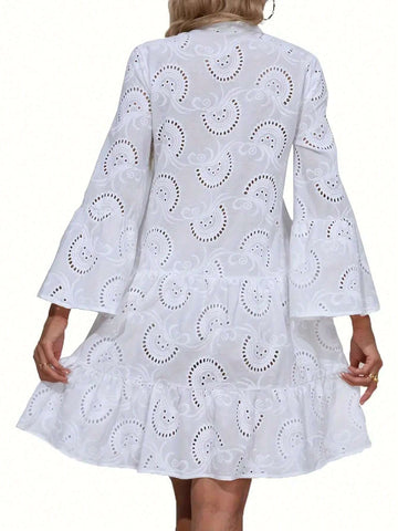 Women's Fashion Casual Hollow-Out Lace Trim Open Front Loose Long Sleeve Dress