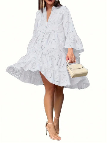 Women's Fashion Casual Hollow-Out Lace Trim Open Front Loose Long Sleeve Dress