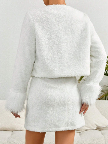 Women's Fashion Casual Short Fluffy Trim Open Front Jacket + White Bodycon Skirt, Family Matching Outfits (2 Sets Sold Separately)