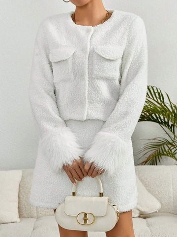 Women's Fashion Casual Short Fluffy Trim Open Front Jacket + White Bodycon Skirt, Family Matching Outfits (2 Sets Sold Separately)