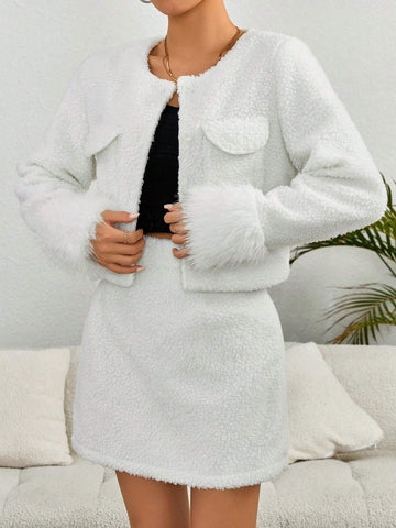 Women's Fashion Casual Short Fluffy Trim Open Front Jacket + White Bodycon Skirt, Family Matching Outfits (2 Sets Sold Separately)