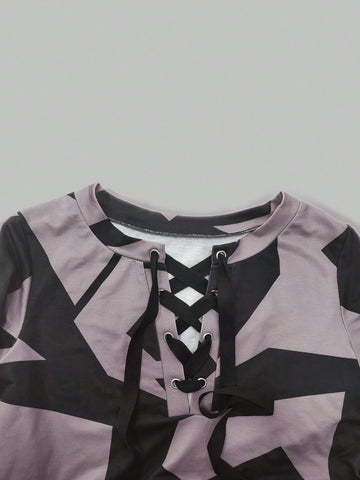 Women's Fashion Casual V-Neck Tie Waist Printed Short Dress