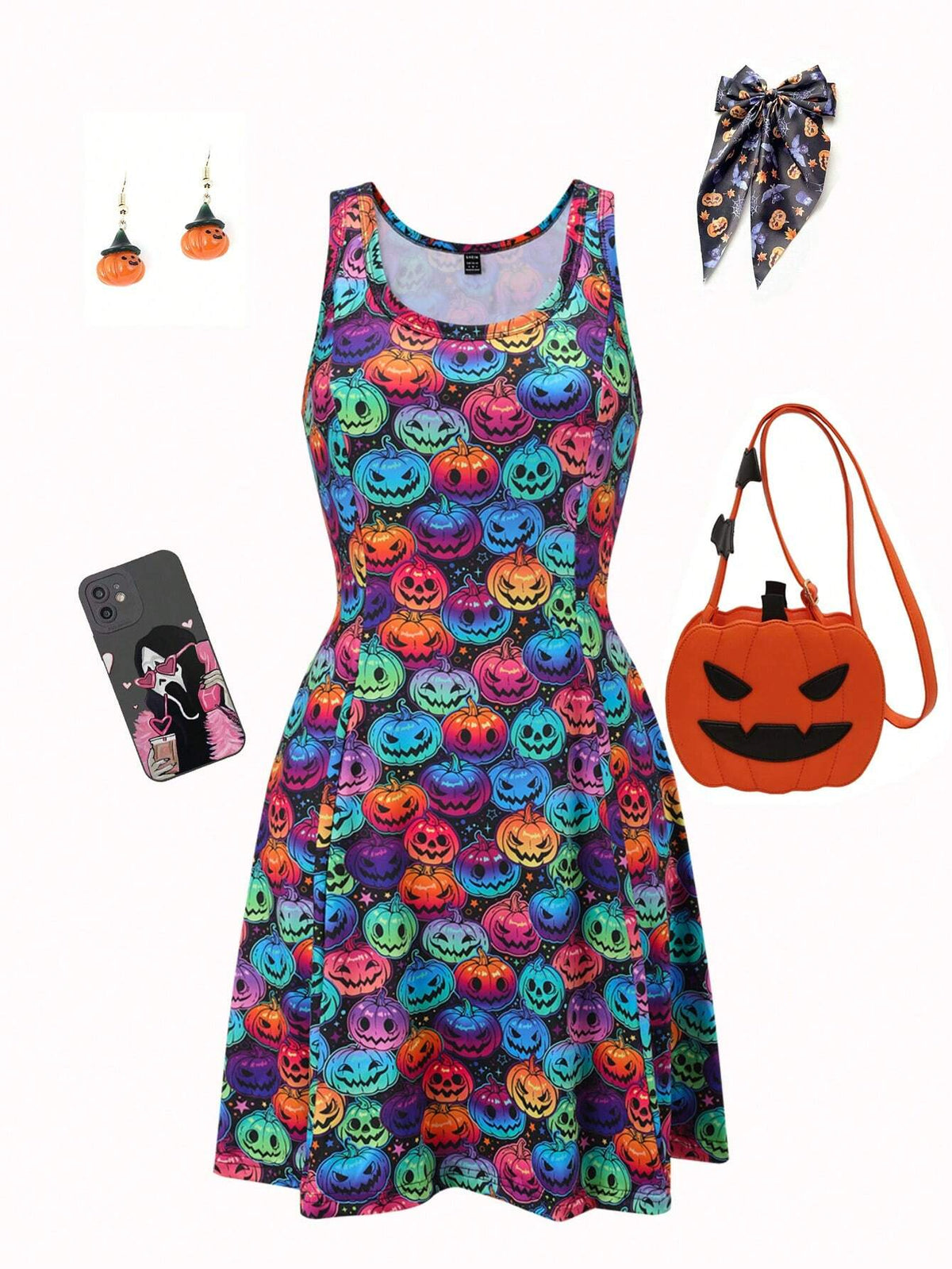 Women's Fashion Colorful Pumpkin Skull Print Sleeveless Dress For Halloween