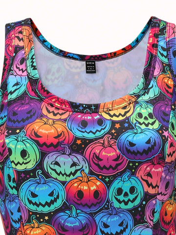 Women's Fashion Colorful Pumpkin Skull Print Sleeveless Dress For Halloween