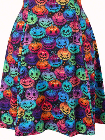 Women's Fashion Colorful Pumpkin Skull Print Sleeveless Dress For Halloween