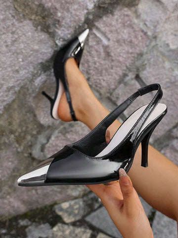 Women's Fashion Comfortable High-End Silver Kitten Heel Pointed Toe Shoes, Design Elongates