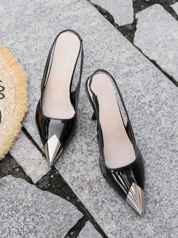 Women's Fashion Comfortable High-End Silver Kitten Heel Pointed Toe Shoes, Design Elongates