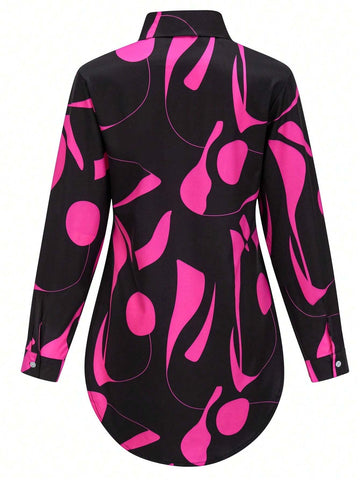 Women's Fashion Digital Print Asymmetric Hem Button Up Long Sleeve Shirt