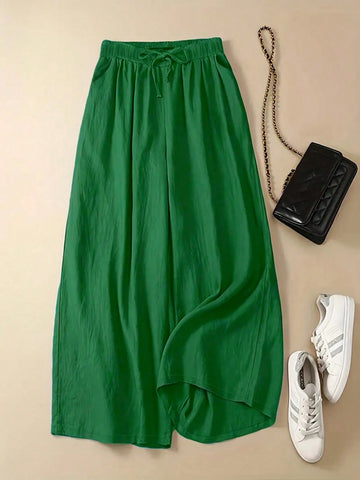 Women's Fashion Elastic Waist Bow Decor Solid Color Wide Leg Pants