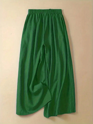 Women's Fashion Elastic Waist Bow Decor Solid Color Wide Leg Pants