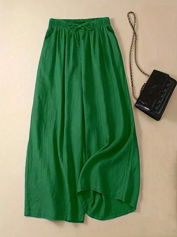 Women's Fashion Elastic Waist Bow Decor Solid Color Wide Leg Pants