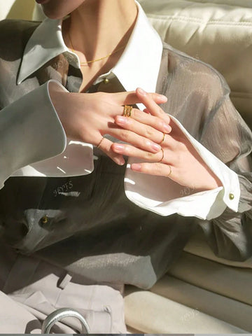 Women's Fashion Elegant Casual Silk Blend Crinkle Patchwork Semi-Sheer Blouse