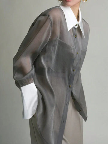 Women's Fashion Elegant Casual Silk Blend Crinkle Patchwork Semi-Sheer Blouse