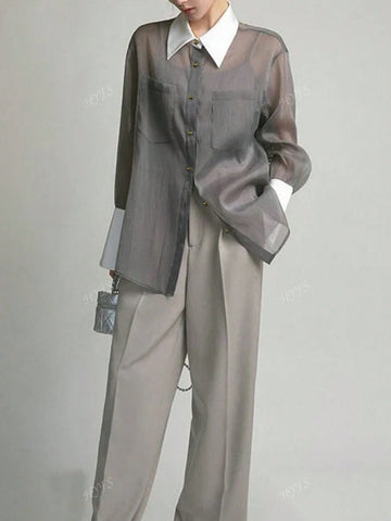 Women's Fashion Elegant Casual Silk Blend Crinkle Patchwork Semi-Sheer Blouse