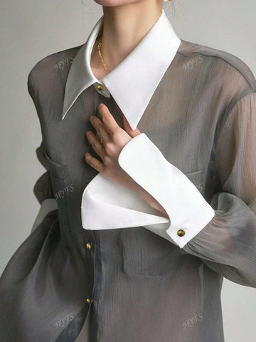 Women's Fashion Elegant Casual Silk Blend Crinkle Patchwork Semi-Sheer Blouse