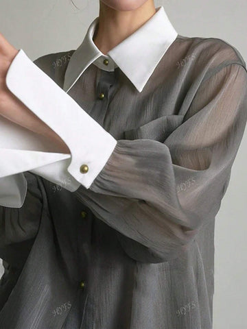 Women's Fashion Elegant Casual Silk Blend Crinkle Patchwork Semi-Sheer Blouse