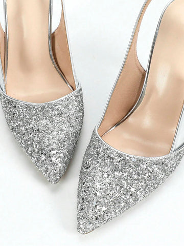 Women's Fashion High Heel Pumps - Glitter Fabric & PU Leather Contrast Color Pointed Toe Shoes, Simplistic Design, Cloth-Covered Heels,