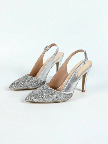 Women's Fashion High Heel Pumps - Glitter Fabric & PU Leather Contrast Color Pointed Toe Shoes, Simplistic Design, Cloth-Covered Heels,