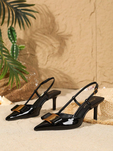 Women's Fashion Lacquered Patent Butterfy Knot Pointed Toe Stiletto High Heel Pumps