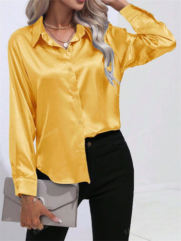 Women's Fashion Lapel Button Down Long Sleeve Satin Silk-Like Solid Color Casual Shirt