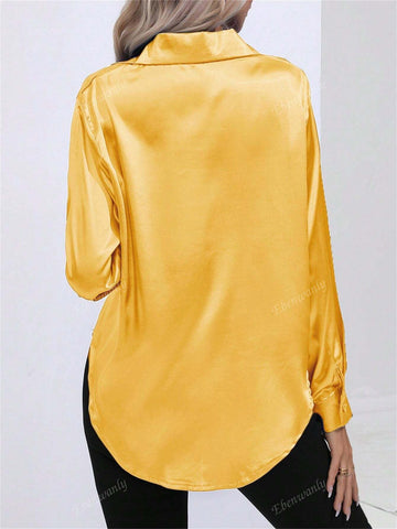 Women's Fashion Lapel Button Down Long Sleeve Satin Silk-Like Solid Color Casual Shirt