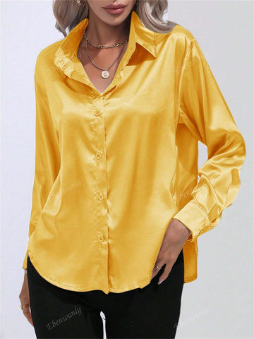 Women's Fashion Lapel Button Down Long Sleeve Satin Silk-Like Solid Color Casual Shirt