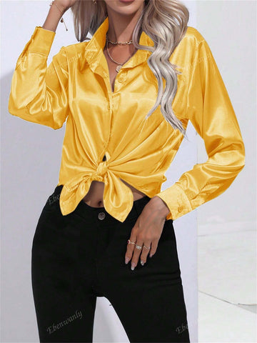 Women's Fashion Lapel Button Down Long Sleeve Satin Silk-Like Solid Color Casual Shirt