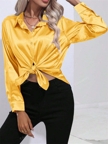 Women's Fashion Lapel Button Down Long Sleeve Satin Silk-Like Solid Color Casual Shirt