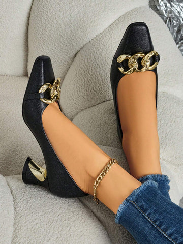 Women's Fashion Metal Buckle Square Toe High Heel Party Casual Shoes, Autumn/Winter