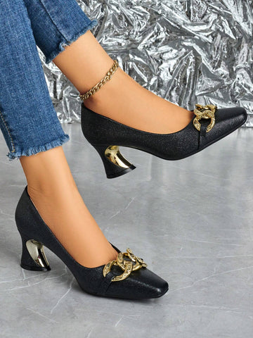 Women's Fashion Metal Buckle Square Toe High Heel Party Casual Shoes, Autumn/Winter