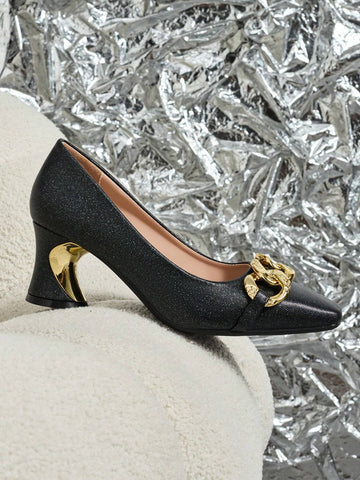 Women's Fashion Metal Buckle Square Toe High Heel Party Casual Shoes, Autumn/Winter