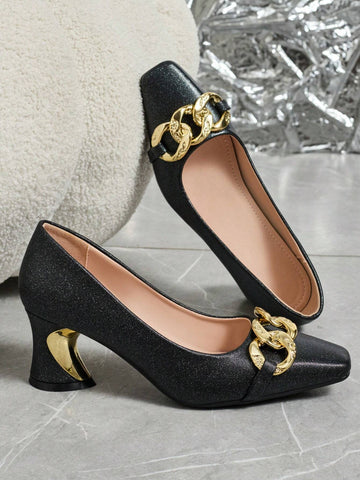 Women's Fashion Metal Buckle Square Toe High Heel Party Casual Shoes, Autumn/Winter