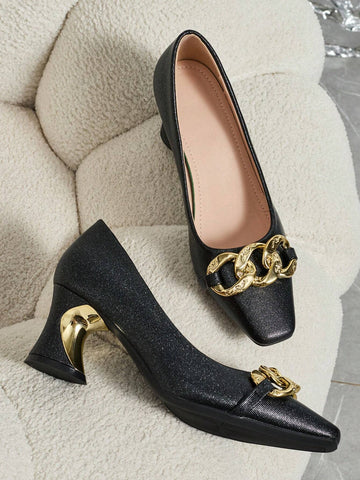 Women's Fashion Metal Buckle Square Toe High Heel Party Casual Shoes, Autumn/Winter