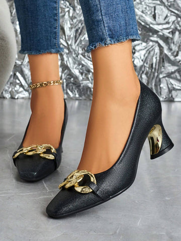 Women's Fashion Metal Buckle Square Toe High Heel Party Casual Shoes, Autumn/Winter