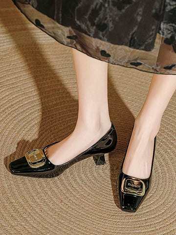 Women's Fashion Metal Decor Patent Leather Pointed Toe Slip-On High Heel Pumps