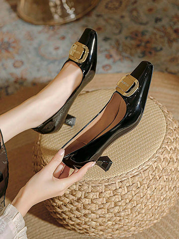Women's Fashion Metal Decor Patent Leather Pointed Toe Slip-On High Heel Pumps