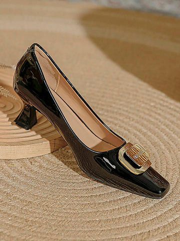 Women's Fashion Metal Decor Patent Leather Pointed Toe Slip-On High Heel Pumps