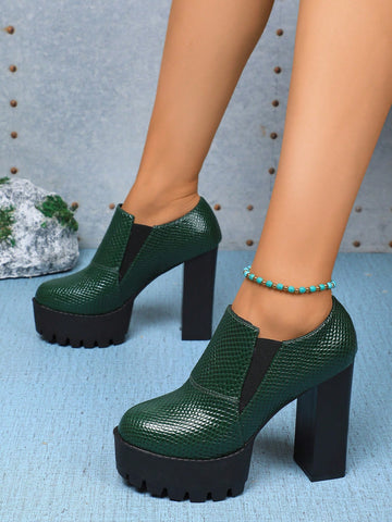 Women, Green Lacquer Waterproof Platform High Heels, Spring 2024