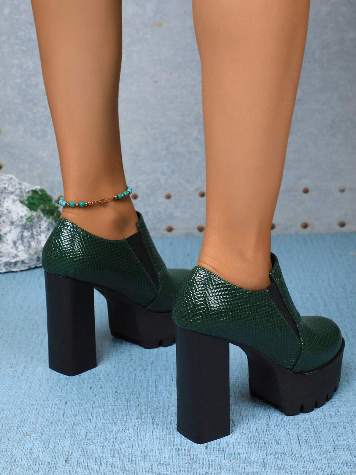 Women, Green Lacquer Waterproof Platform High Heels, Spring 2024