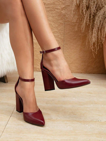 Women's Fashion Party Pointed Toe Hollow Ankle Strap High Heel Shoes, Burgundy