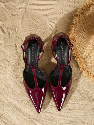 Women's Fashion Patent Leather T-Strap Pointed Toe Hollow Out High Heel Pumps