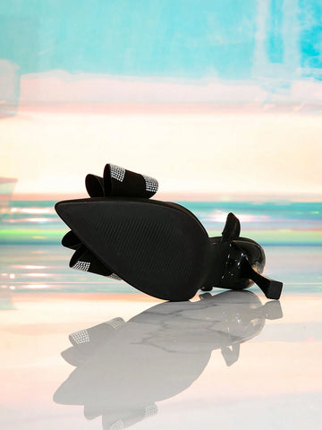 Women's Fashion Pointed Toe Party Shoes, Black Satin With Silver Rhinestone Bow Accent, 9.8cm Thin High Heel, Slingback Design