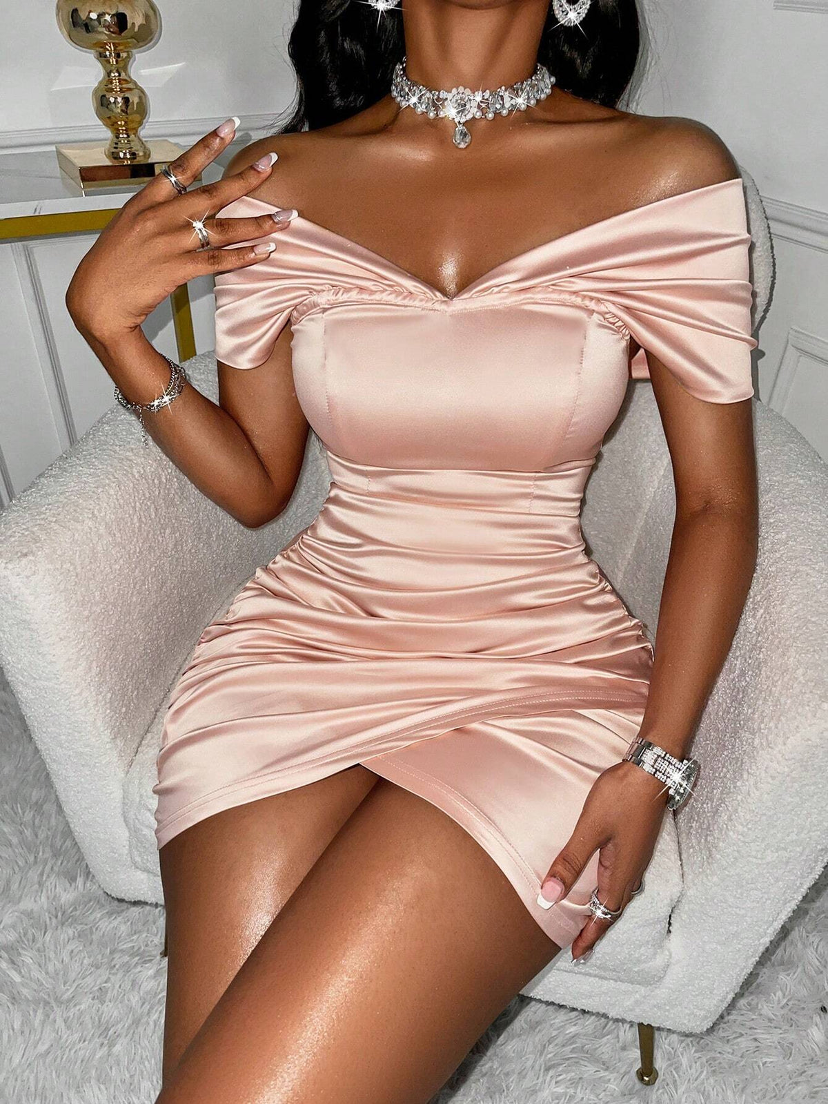 Women's Fashion Satin Solid Color Sexy Off Should Ruched Side Bodycon Dress Party Dress
