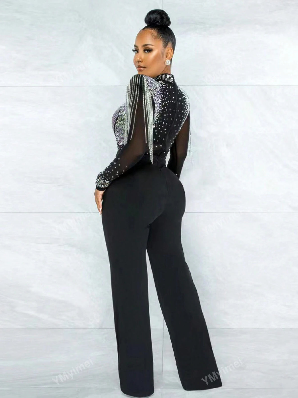 Women's Fashion Sheer Mesh Tassel Rhinestone Jumpsuit, Spring/Summer Party Wear